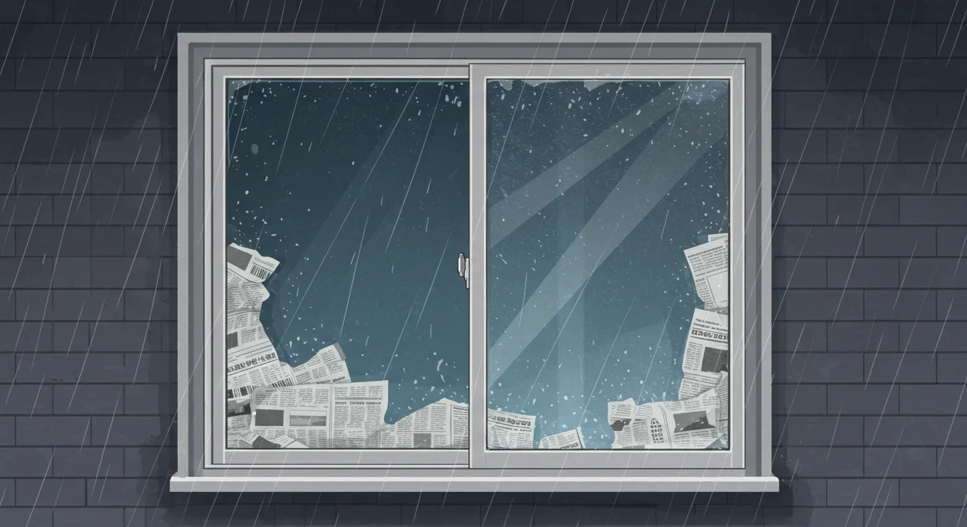 태풍대비 베란다 유리창,신문지와 안전필름 붙임