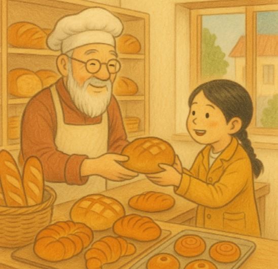 백발 제빵사 아저씨가 갓 구운 빵을 소녀에게 건네주고 있는 모습