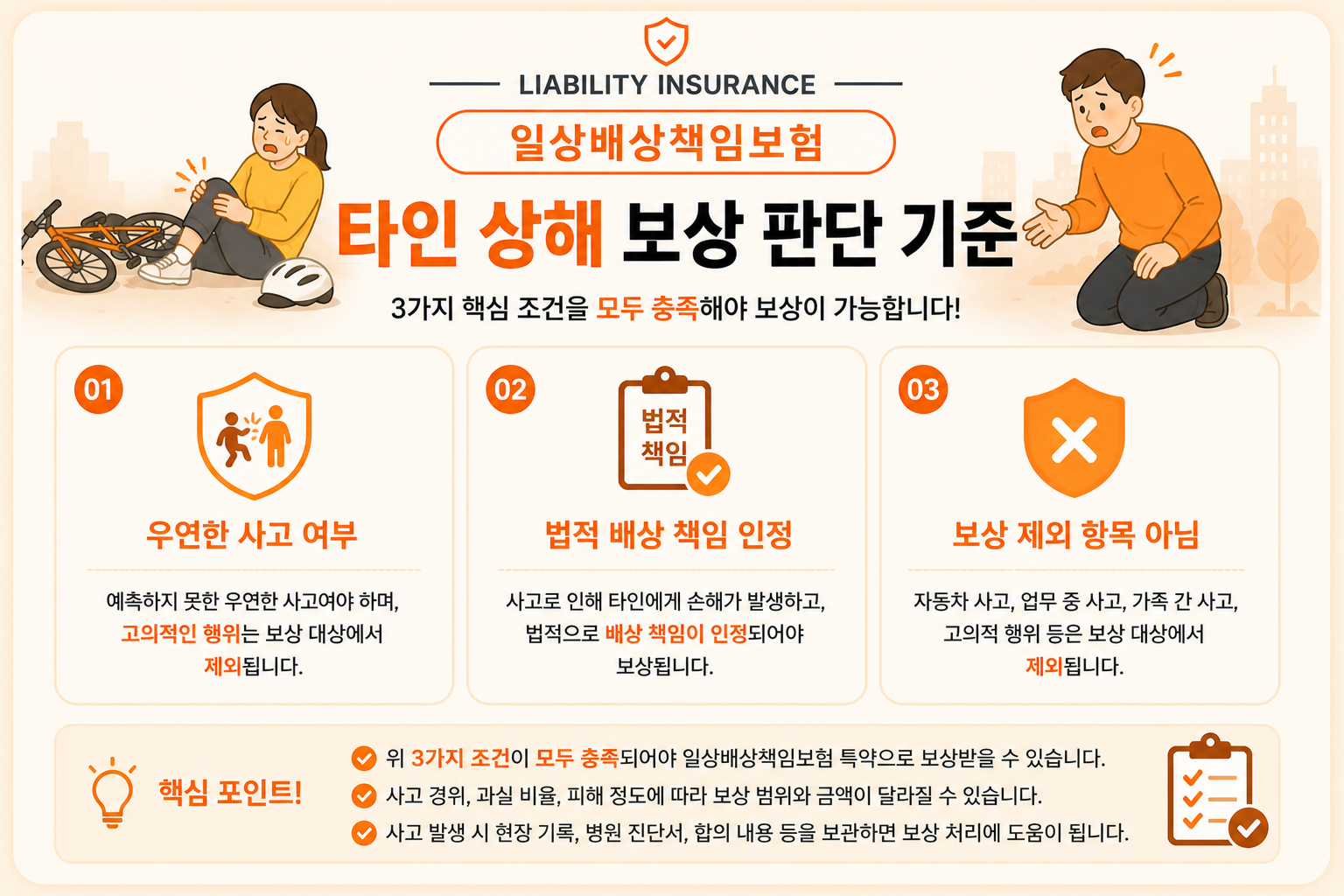 타인 상해 사고 시 일상배상책임보험 보상 여부를 판단하는 핵심 기준 3가지를 정리한 이미지