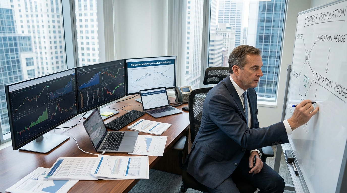 2026년 경제 지표를 분석하며 전략을 수립하는 전문 투자자 이미지