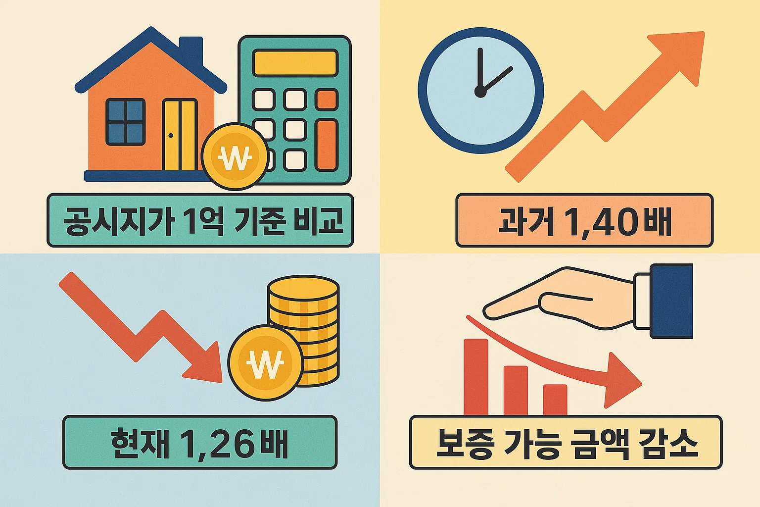 전세보증보험 공시지가 1억 기준에서 과거 1.40배 적용 대비 현재 1.26배로 조정된 변화와 그에 따른 보증 가능 금액 감소 흐름을 설명한 인포그래픽