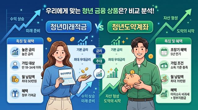 청년미래적금과 청년도약계좌의 가입조건과 정부지원 혜택을 비교한 인포그래픽