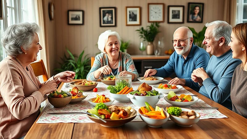 시니어 친구들이 모여 건강한 식사를 즐기고 있는 이미지