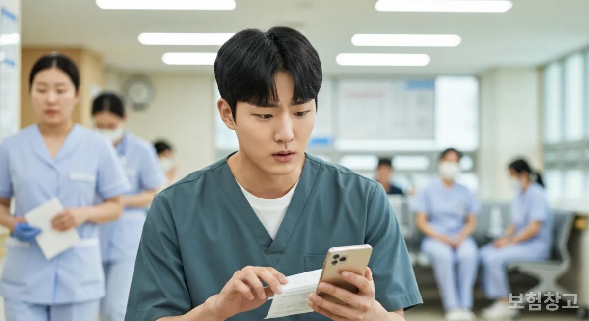 해외 병원 대기실에서 스마트폰을 확인하는 한국인 남성