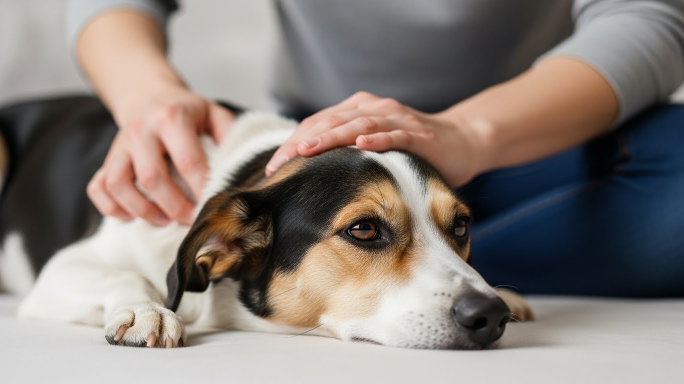 보호자의 손길에 편안함을 느끼며 마사지 받는 강아지