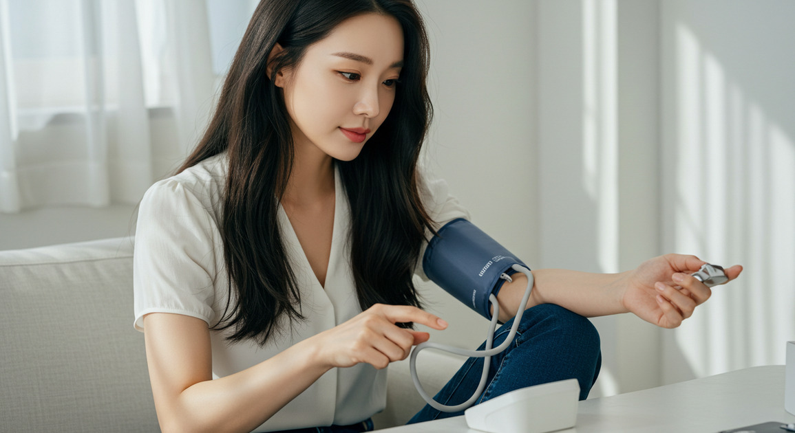 혈압 자가 측정하고 있는 여성 이미지