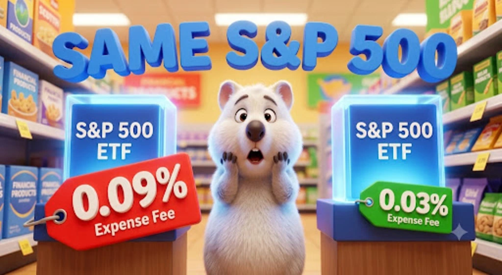 SPY, IVV, VOO 등 미국 S&P 500 ETF의 추종 지수와 내용물은 완전히 동일하지만, 운용 수수료는 0.09%와 0.03%로 최대 3배까지 차이가 난다는 점을 비교하여 보여주는 일러스트.