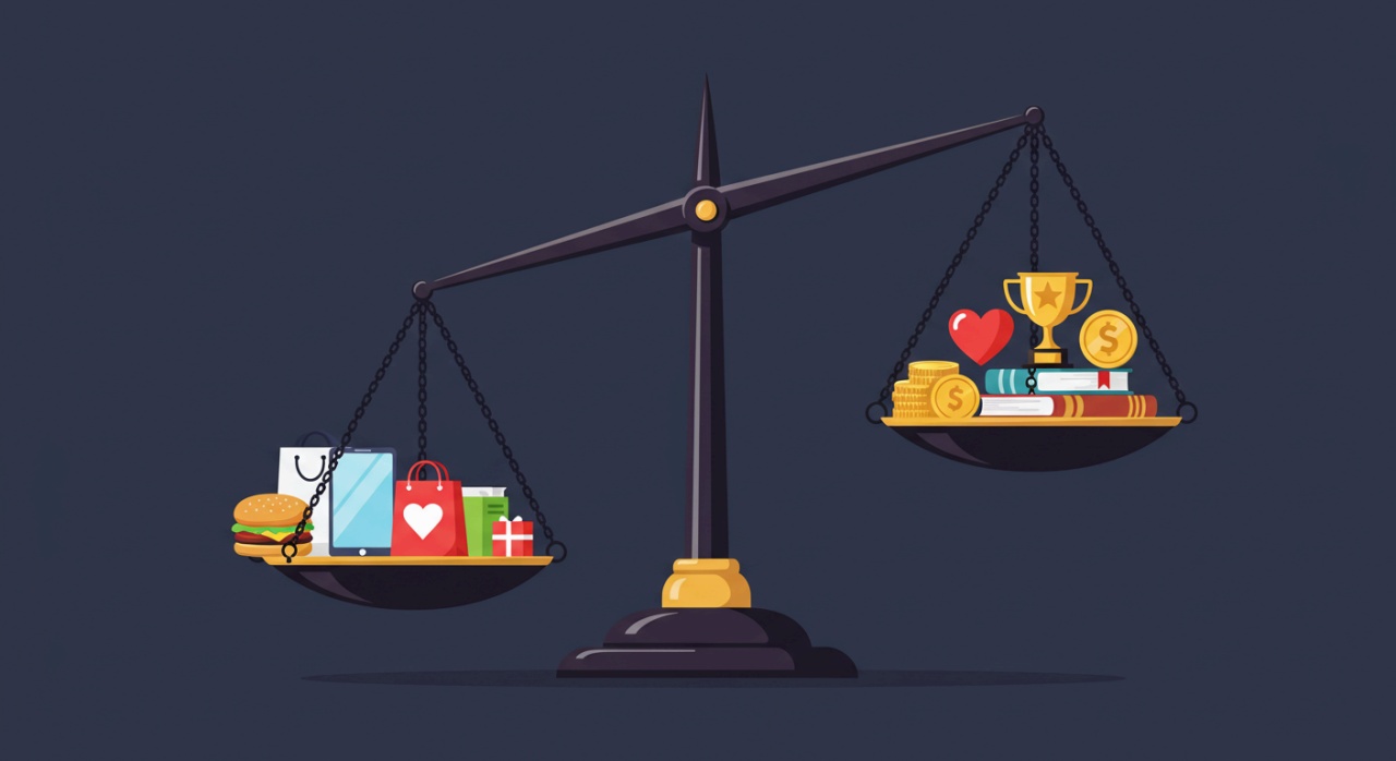 단기 보상과 장기 이익을 상징하는 아이템들이 올려진 저울 일러스트