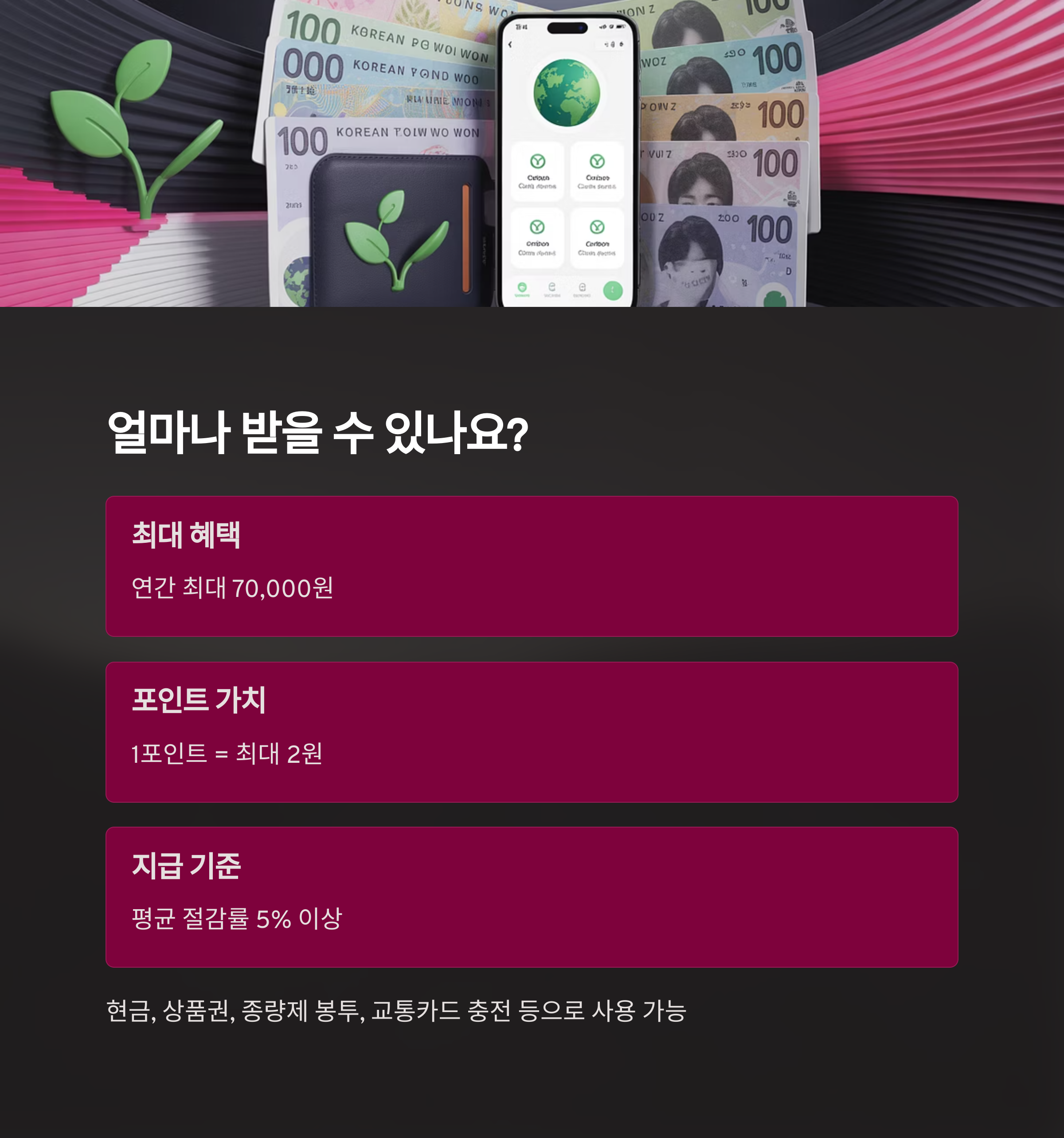 탄소중립포인트로 받을 수 있는 혜택을 설명한 이미지. 연 최대 7만 원 지급, 1포인트 최대 2원 가치, 지급 기준은 평균 절감률 5% 이상이라는 내용을 담고 있음