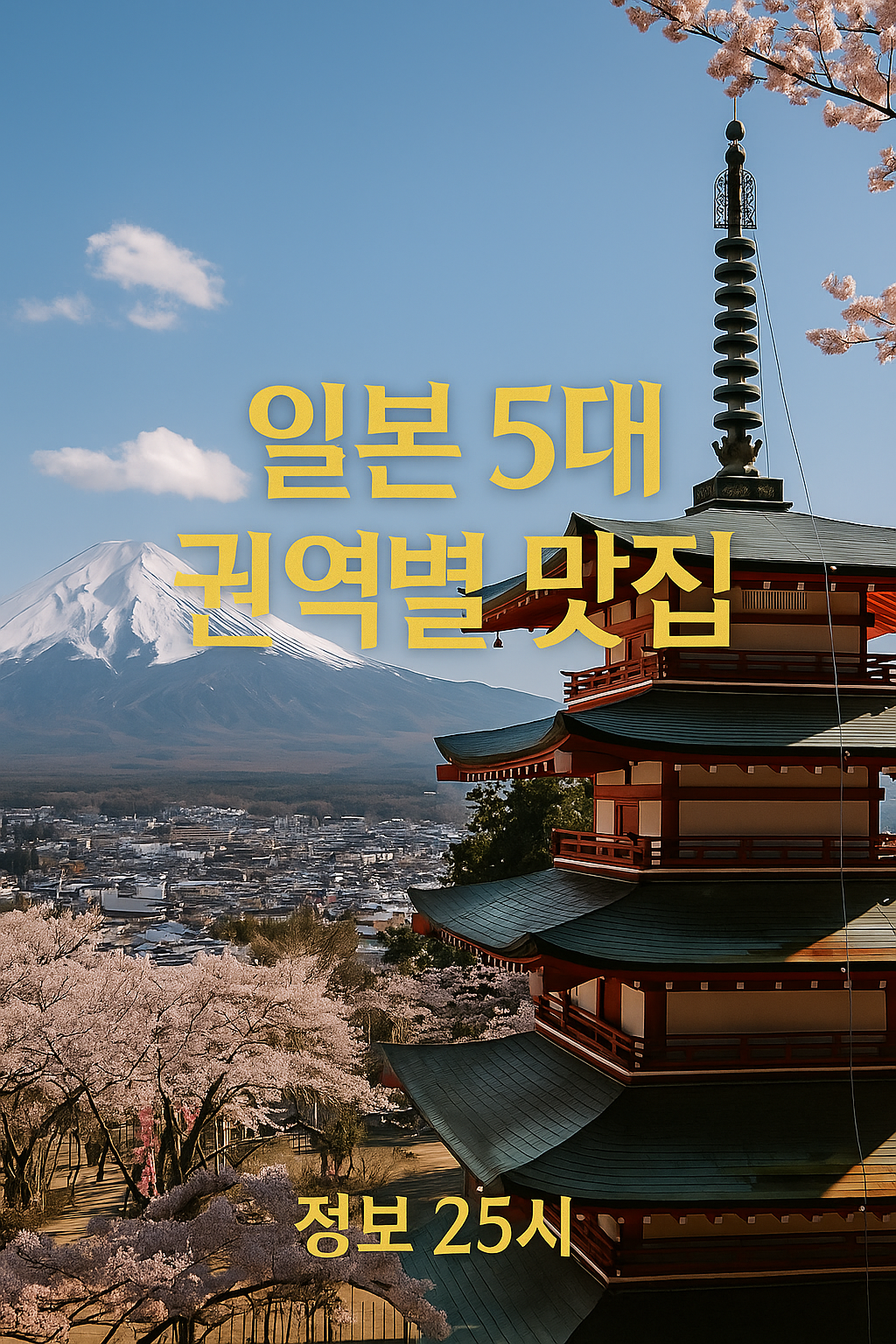 맑은 하늘 아래 눈 덮힌 후지산이 보이는 일본 시골 풍경