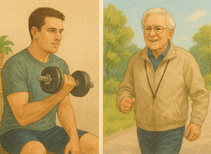 왼쪽은 중장년기 남성이 근력하는 모습이고, 오른쪽은 노년기 남성이 산책을 하는 모습을 보여준다.