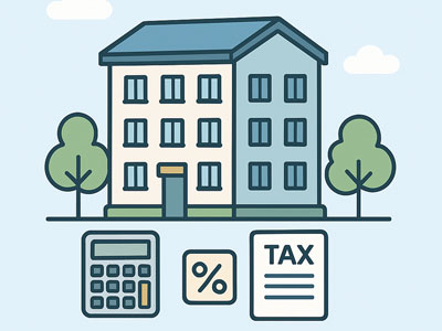 아파트 형태의 주택 앞에 계산기와 세율, 세금 문서 아이콘이 배치된 모습. 주택에 대한 재산세 계산 개념을 표현한 일러스트
