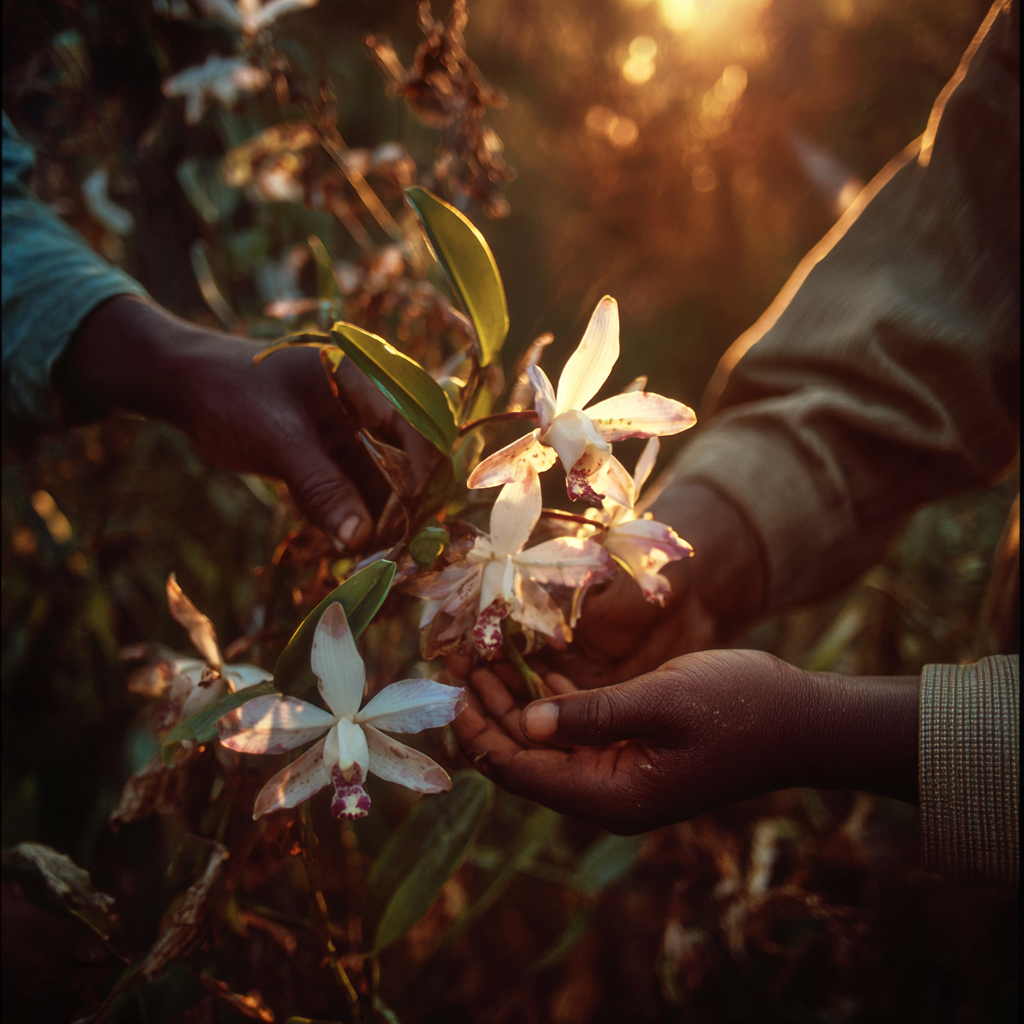 마다가스카르에서 바닐라 꽃을 손으로 수분시키는 장면