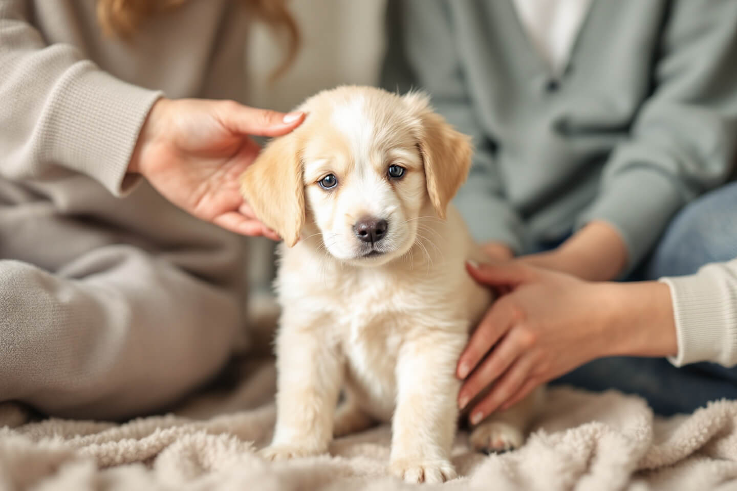 nervous puppy in new home environment with too many people trying to pet it