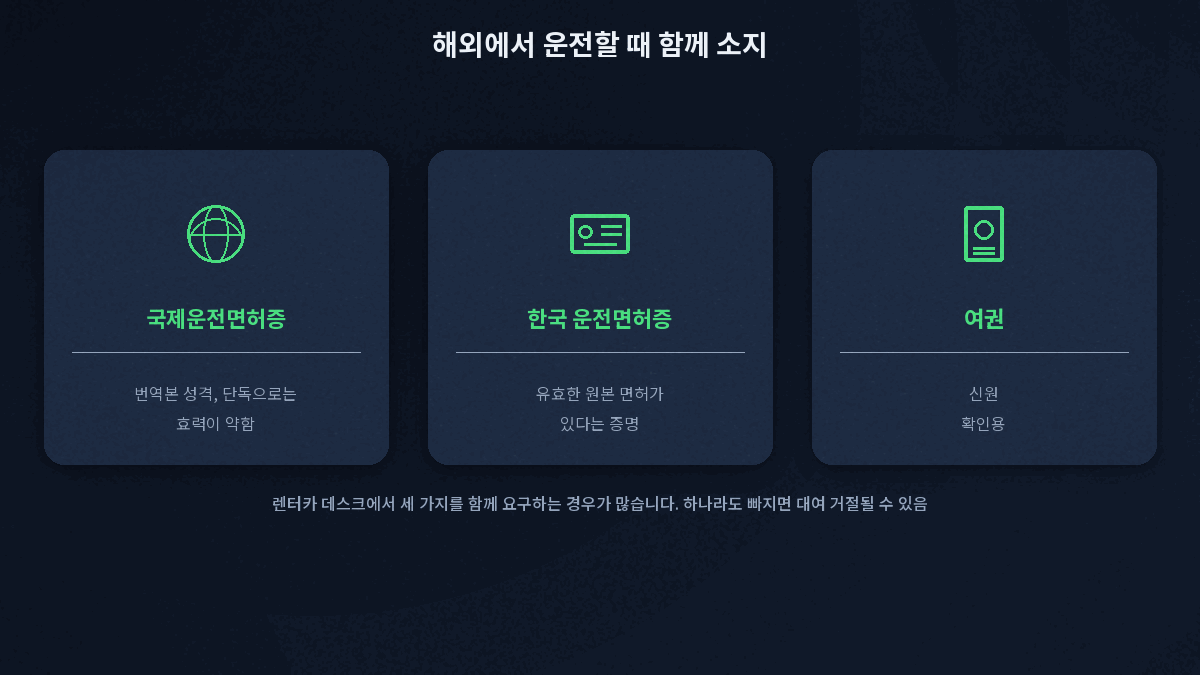해외 운전 국제운전면허증 한국 운전면허증 여권 함께 소지