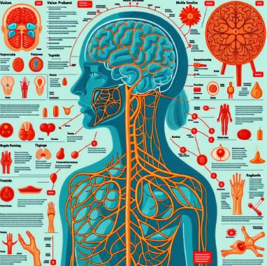 다발성 경화증의 다양한 증상을 나타내는 인체 그림. 머리 부분에는 시력 문제와 인지 기능 저하를, 팔다리에는 무감각과 저림을, 전신에는 피로감을 표현한 아이콘들이 그려져 있음.