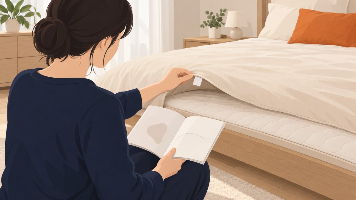 침대 옆에 앉은 사람이 침구 가장자리의 천 라벨과 펼친 제품 설명서를 확인하는 모습