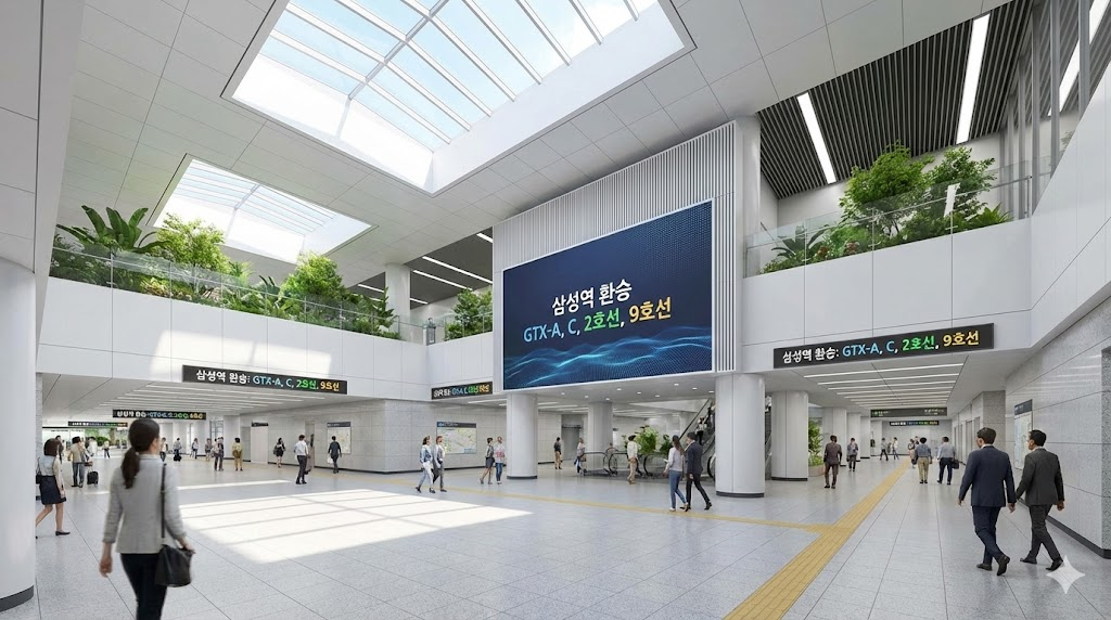다양한 노선이 교차하는 미래 삼성역 복합환승센터의 쾌적한 내부 공간 디자인입니다.