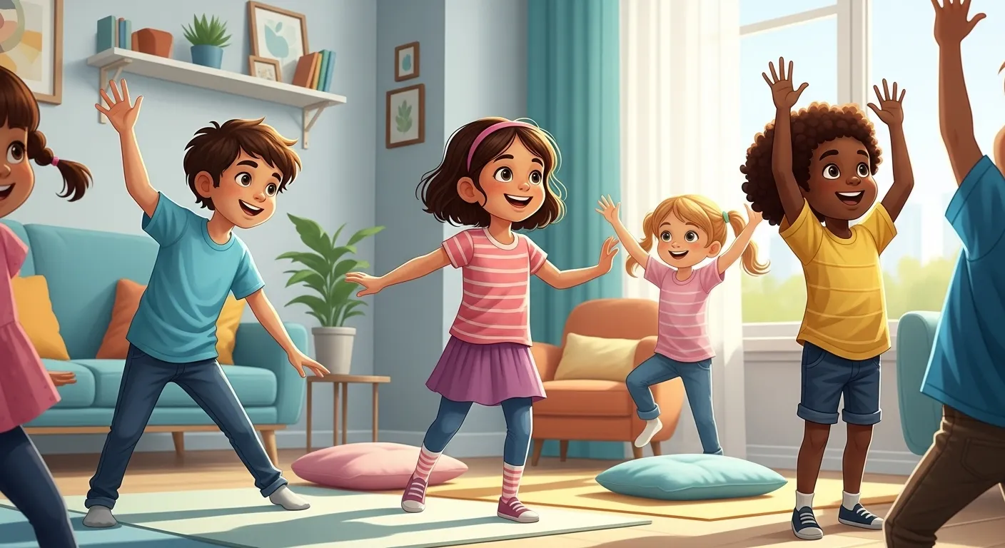 성장기 아이들이 집에서 즐겁게 키 성장 및 체력 증진 놀이 운동을 하는 모습