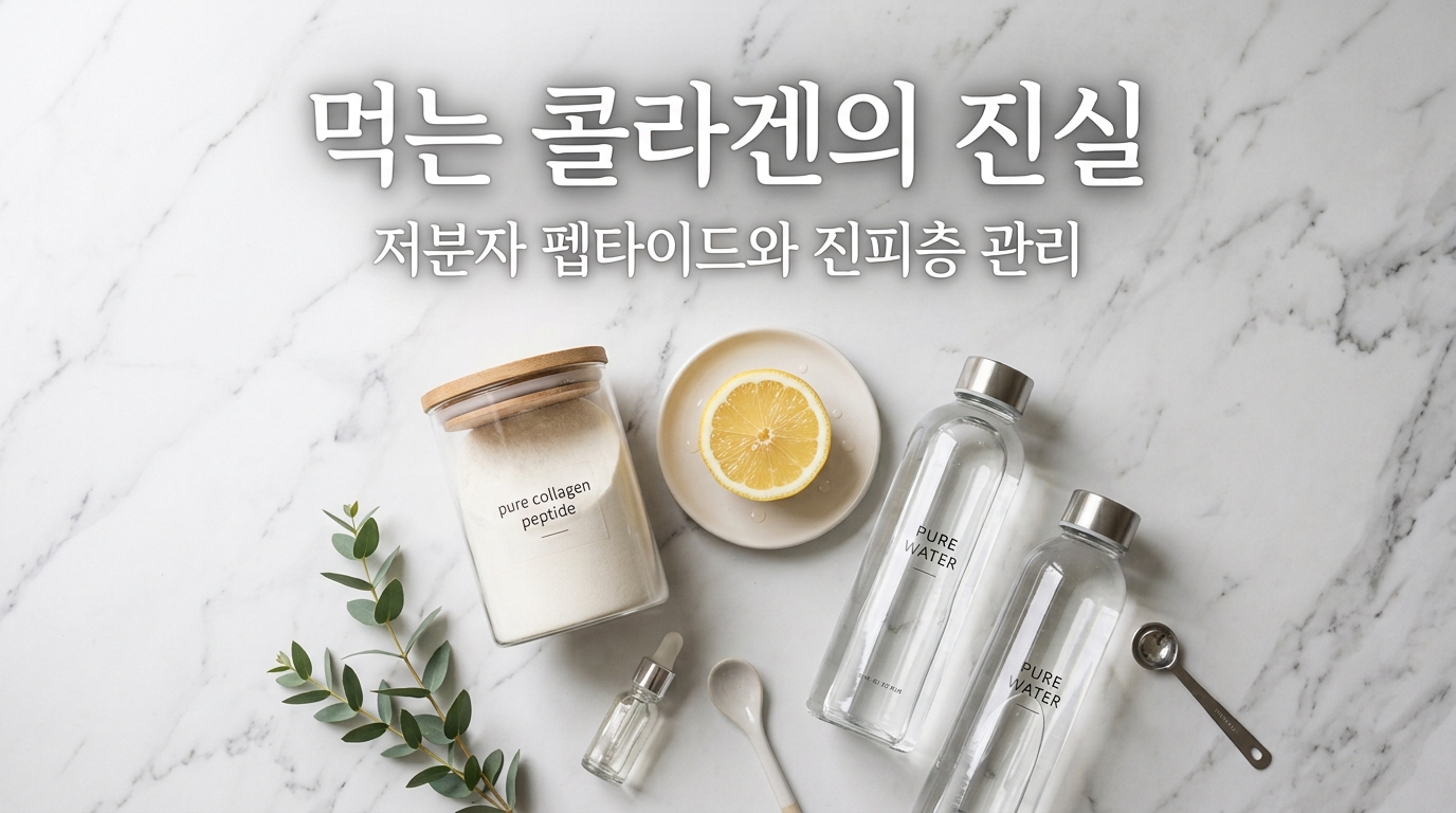 하얀 대리석 위로 깨끗한 유리잔에 담긴 저분자 콜라겐 펩타이드 분말과 신선한 레몬 조각이 함께 놓여 있는 모습. '먹는 콜라겐의 진실', '저분자 펩타이드와 진피층 관리'라는 문구를 통해 현명한 흡수 방식과 진피층 관리의 중요성을 시각화함.