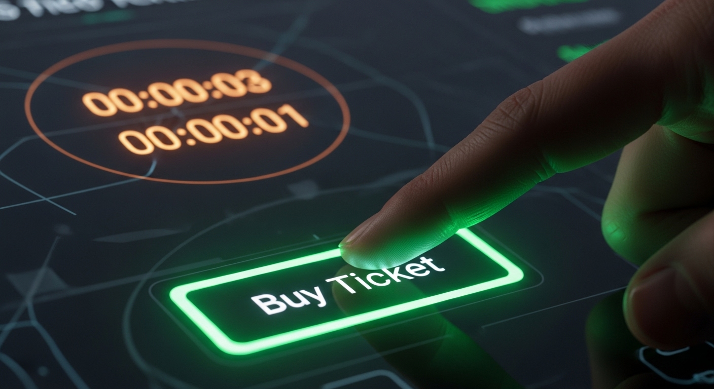 화면 속 '티켓 구매' 버튼 위에 손가락이 닿을 듯 말 듯한 긴장감 넘치는 모습. 배경에 디지털 타이머가 희미하게 보인다.