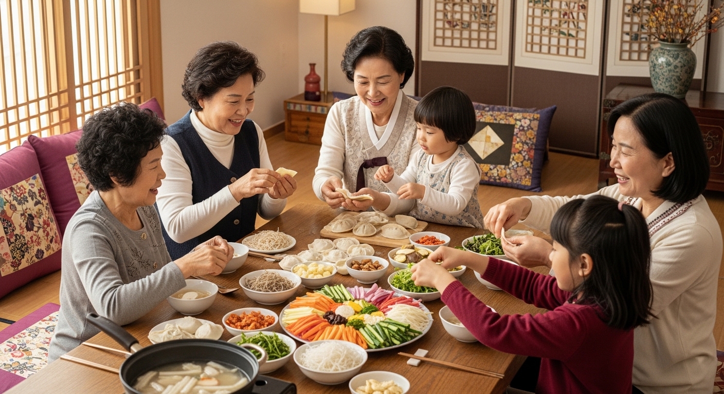 할머니와 손주들이 함께 모여 만두를 빚거나 설날 음식을 준비하며 즐거운 시간을 보내는 화목한 가족의 모습.