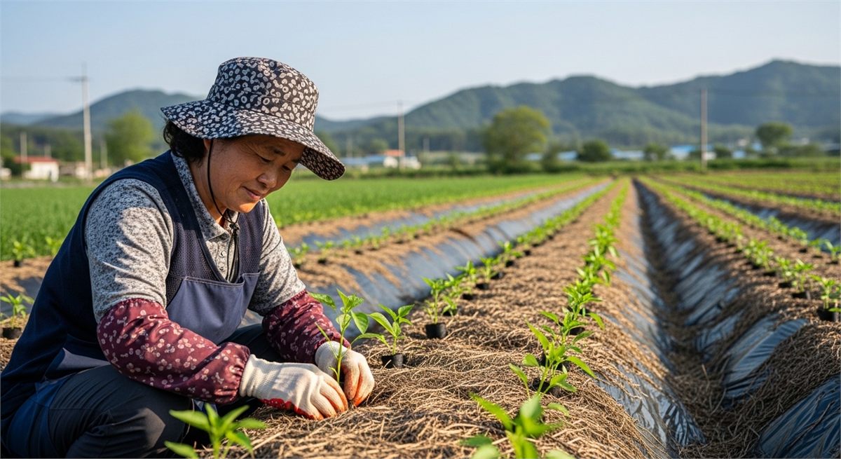 맑은 날 적정 깊이로 고추 모종을 심는 작업 장면