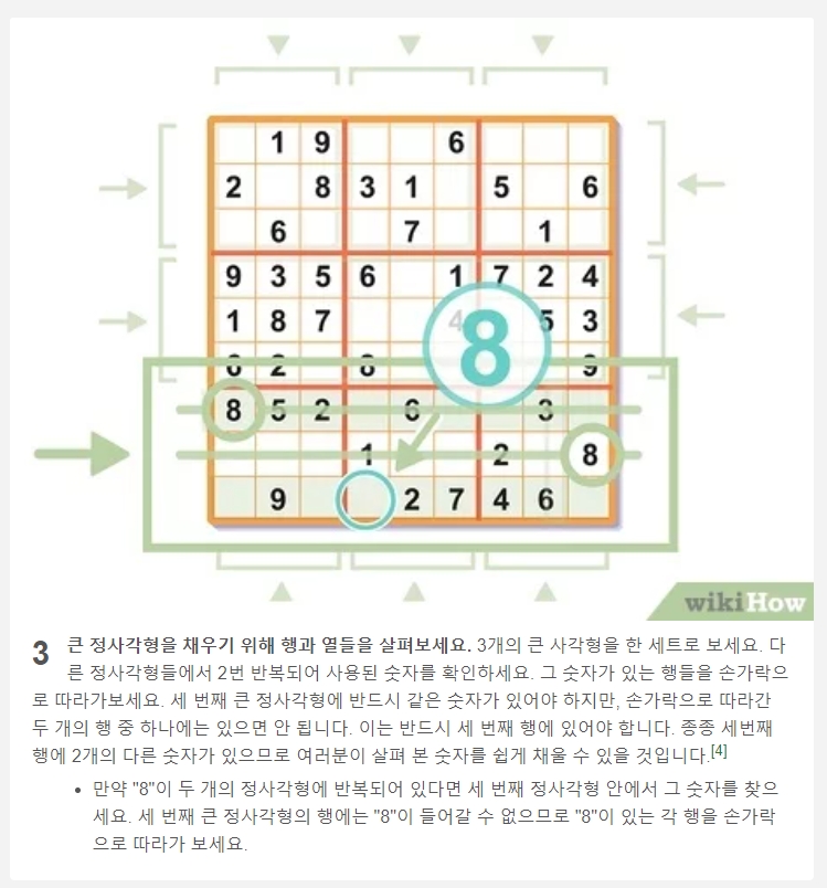 여러 규칙을 종합하여 숫자 8의 위치를 찾는 예시