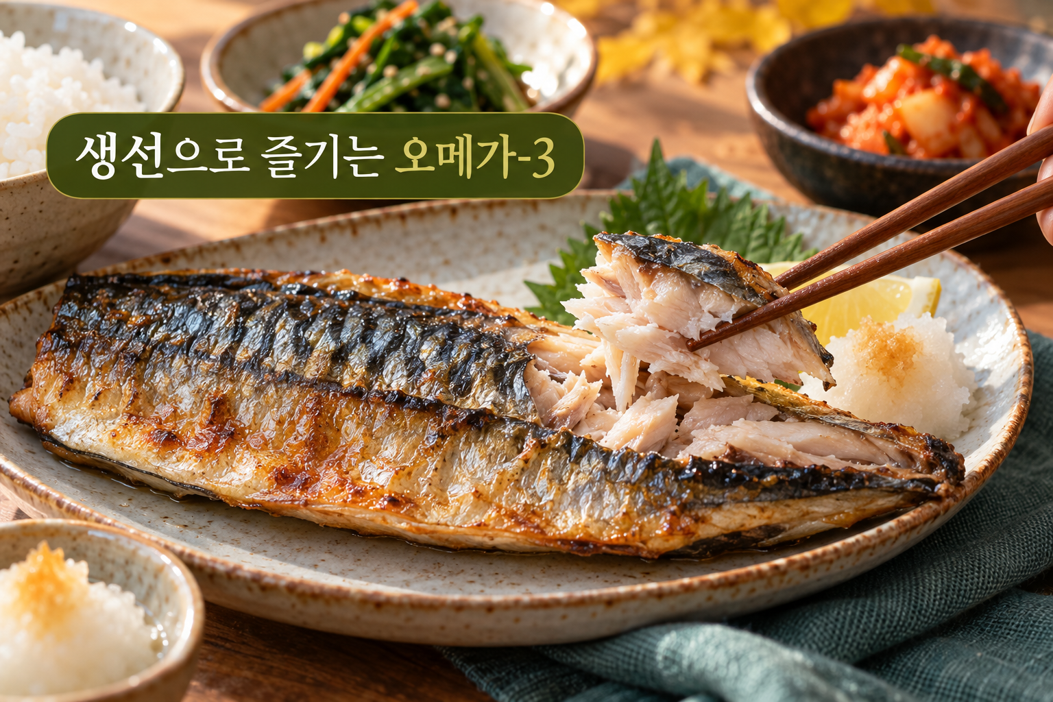익힌 고등어의 살결과 생선 자체의 지방을 보여주는 실사 장면.