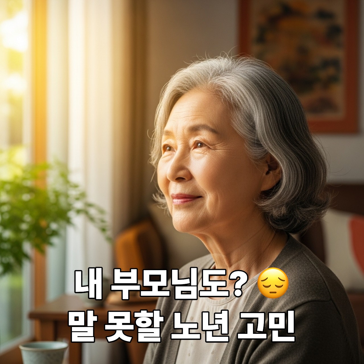 창밖을 바라보며 평화로운 미소를 짓고 있는 한국인 할머니의 모습, 마음의 평온과 희망을 상징합니다.