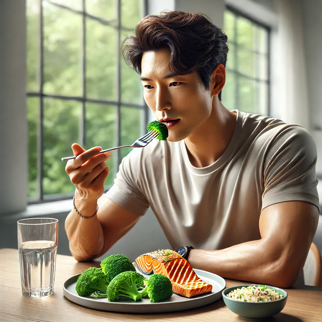 남성이 식탁에서 그릴드 연어와 찐 브로콜리, 퀴노아를 먹고 있는 장면. 포크로 음식을 집으며 자연광이 들어오는 깨끗하고 현대적인 식사 공간에 앉아 있습니다