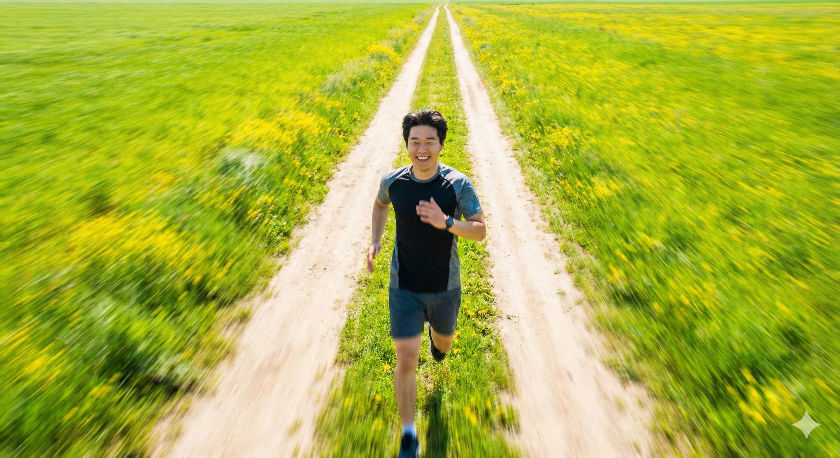 끝없이 펼쳐진 초록 들판 사이의 길을 힘차게 달리며 목표를 향해 나아가는 열정적인 청년