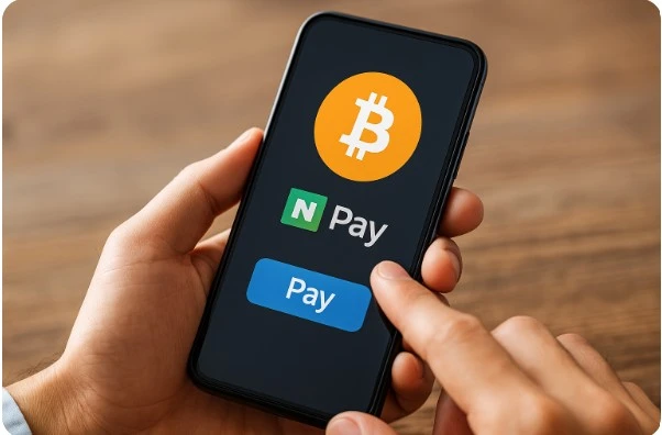 네이버페이와 비트코인으로 결제하는 가상자산 사용 장면