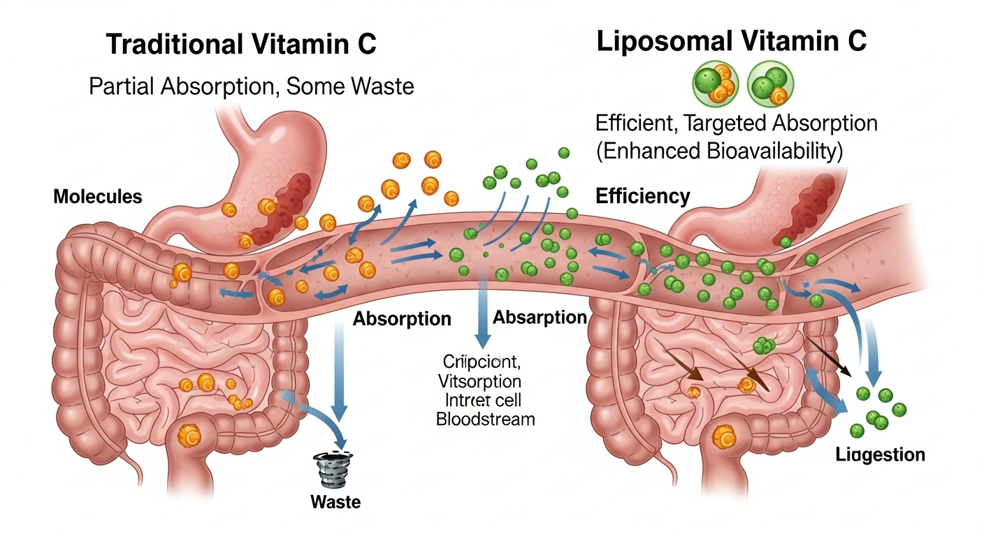 일반 비타민C와 리포좀 비타민C의 흡수 과정을 비교하는 과학적인 다이어그램. 리포좀 형태가 더 효율적인 흡수율을 보여줍니다.