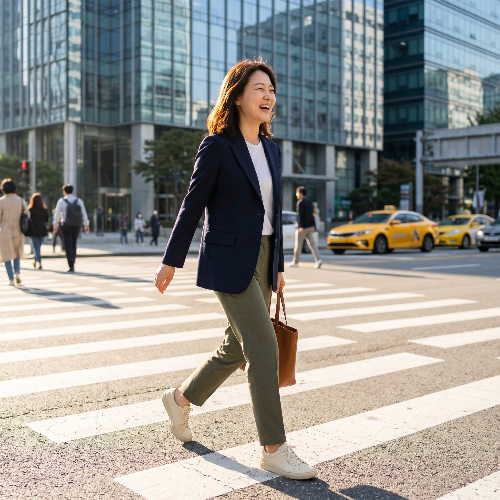 비즈니스 캐주얼 복장을 한 직장인이 차량 2부제로 인해 차를 두고 지하철역으로 향하며 도시 보도를 활기차게 걷는 모습. 발의 피로를 덜어주는 네이비 컬러의 세련되고 편안한 운동화를 착용하고 있으며, 활기 넘치는 오후의 도시 풍경을 담은 8k 라이프스타일 사진