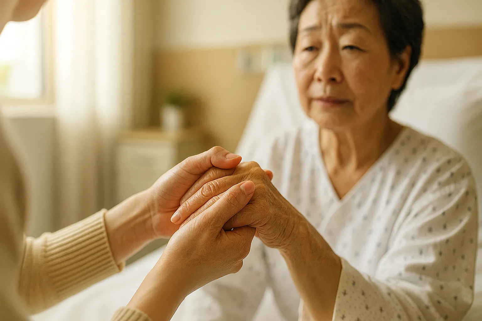 &quot;치매 진단 후 가족이 어머니의 손을 잡고 위로하는 모습, 돌봄과 간병의 부담을 함께 이겨내는 가족의 따뜻한 장면&quot;