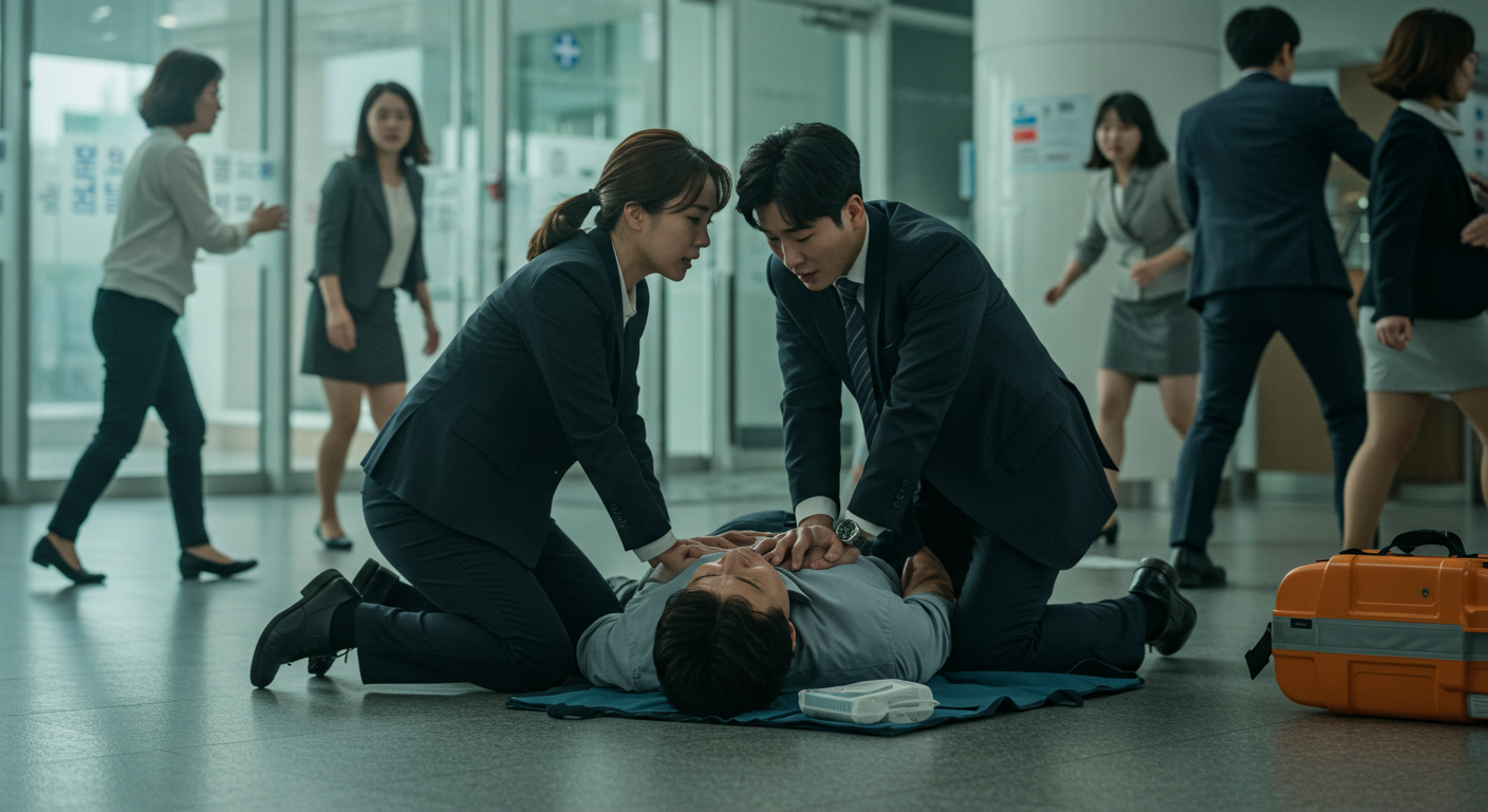 한국인 환자가 쓰러져 있고 다른 사람이 심폐소생술을 하는 응급 상황