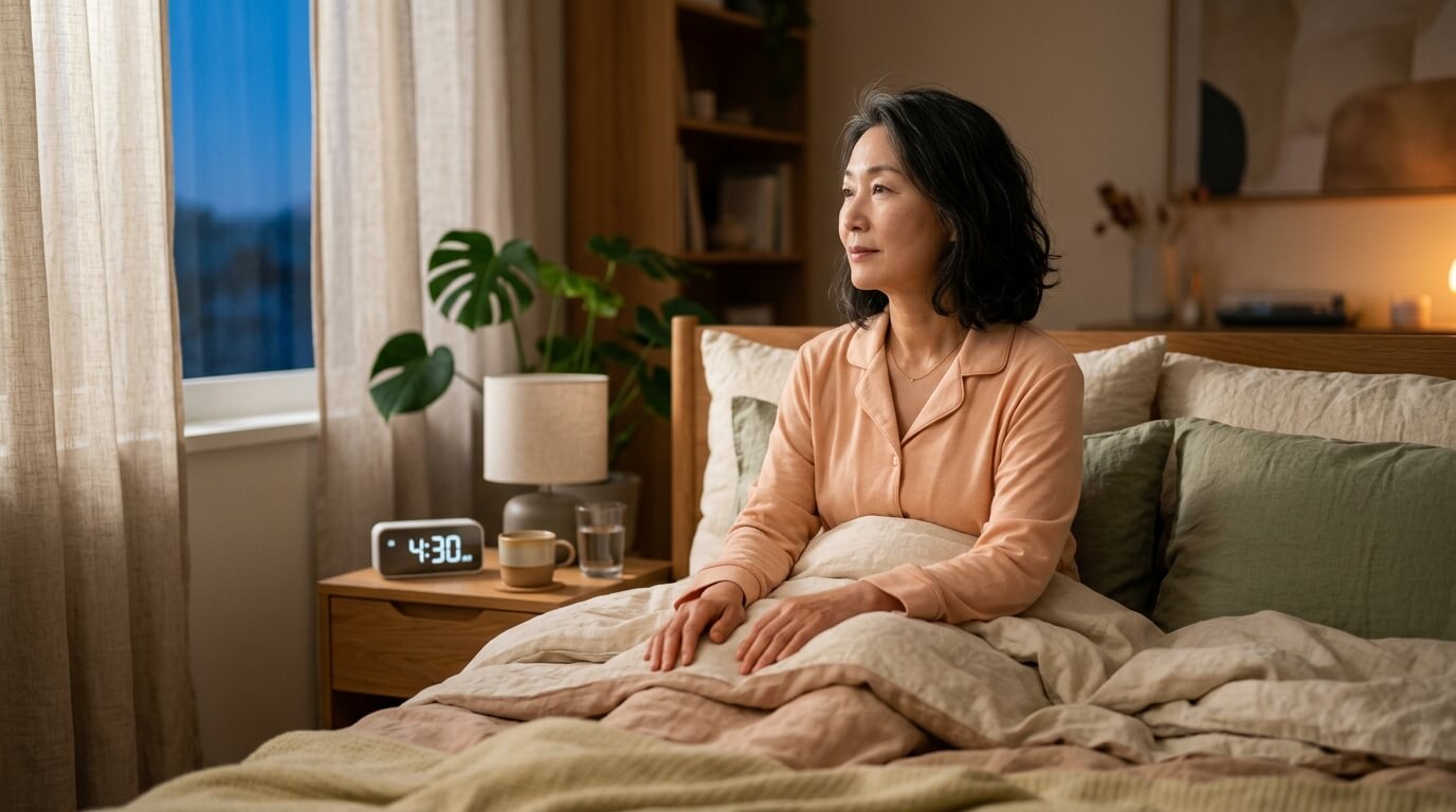 새벽에 잠에서 깨어 침대에 앉아 있는 중년 여성의 수면 건강 이미지