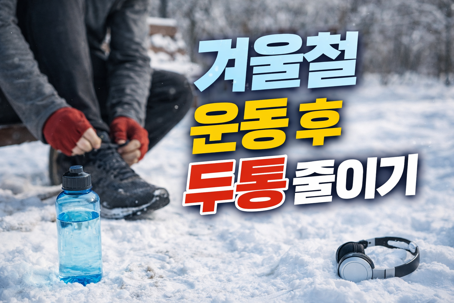 겨울철 눈 덮인 야외에서 운동화를 묶고 있는 운동 전 준비 장면, 물병과 헤드폰이 놓여 있는 모습
