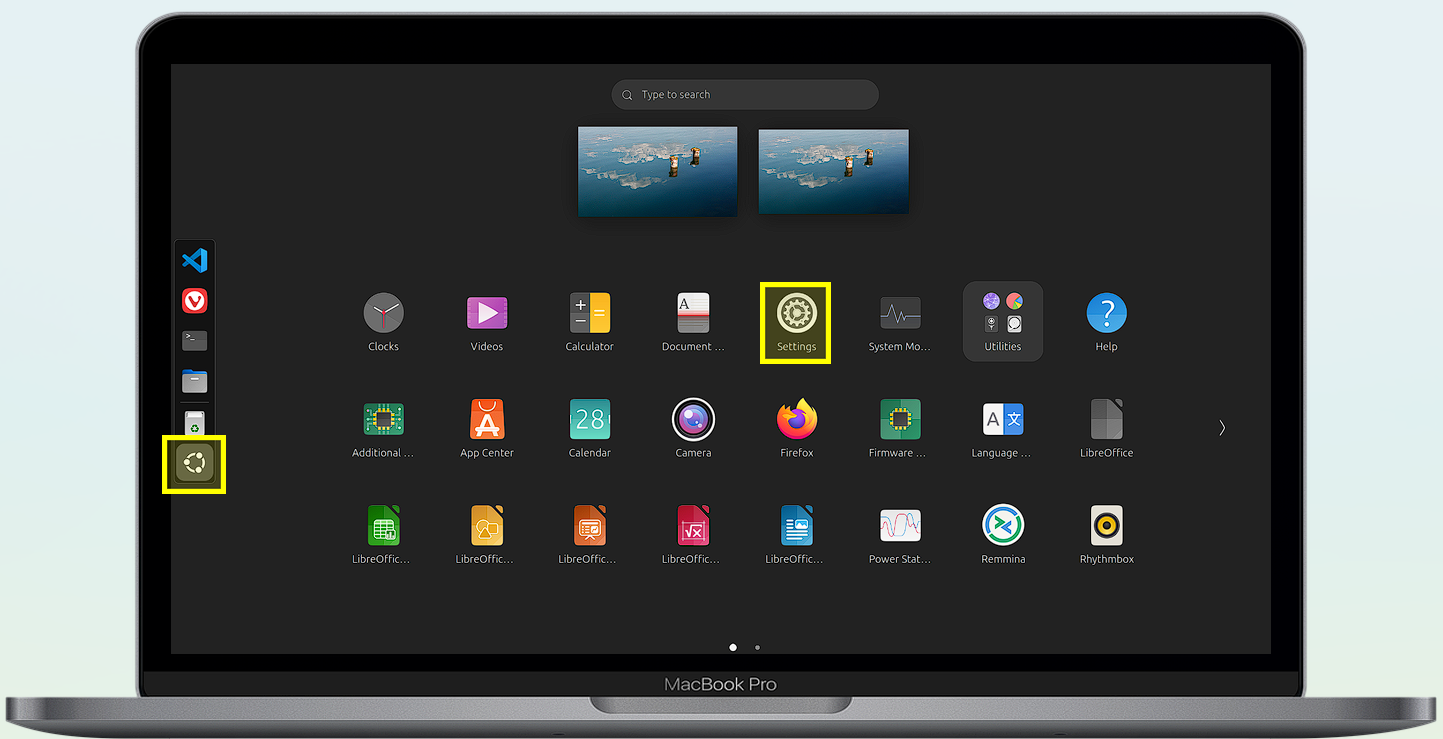 Ubuntu의 데스크탑 환경에서 시작을 선택하고 설정을 클릭합니다.