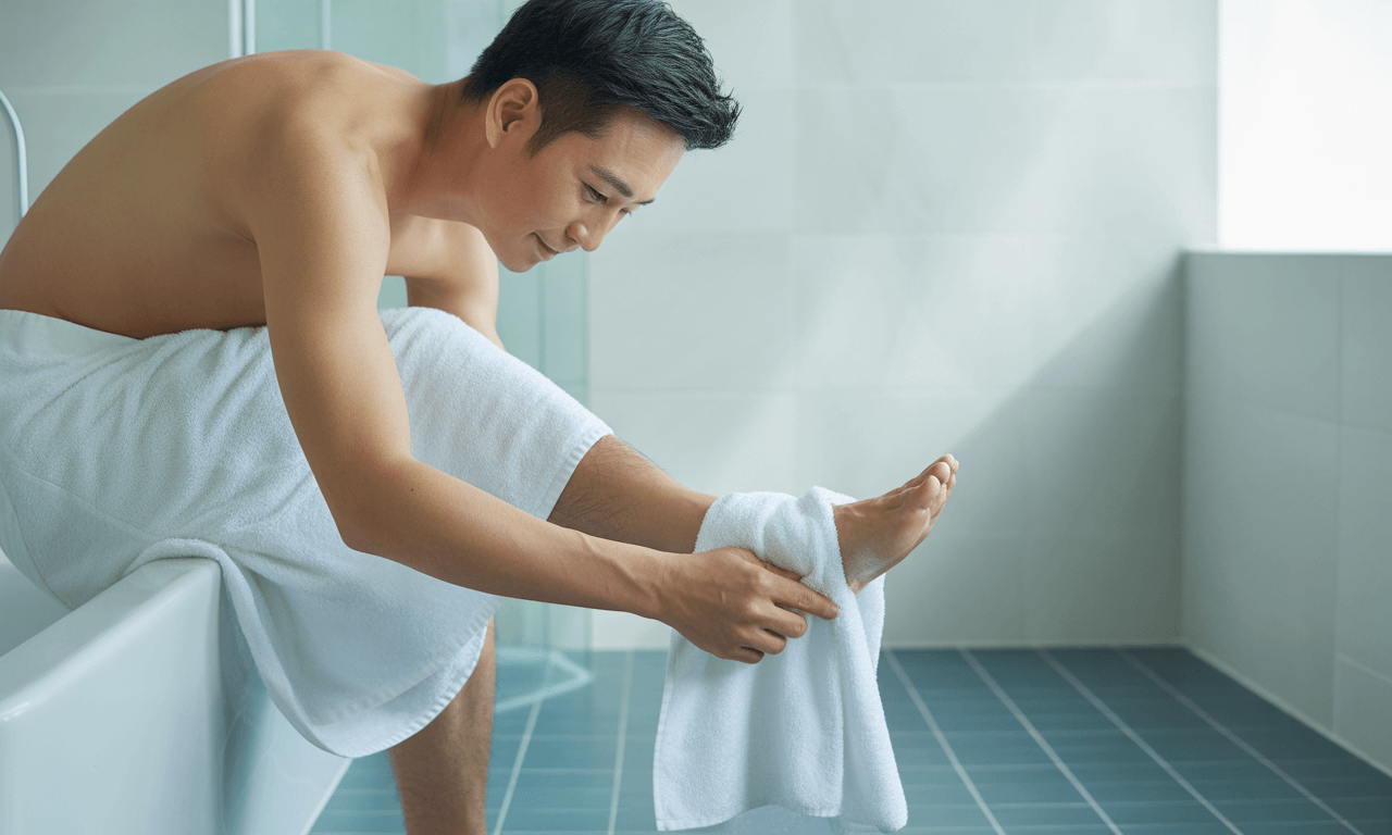 50대-남성-발톱무좀-관리-발을-씻는-모습