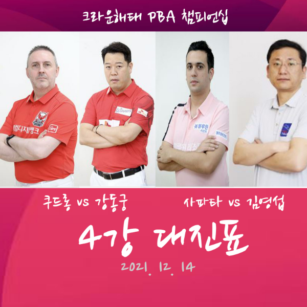 크라운해태 PBA 투어 4강 대진표 (김영섭 vs 사파타, 강동궁 vs 쿠드롱)