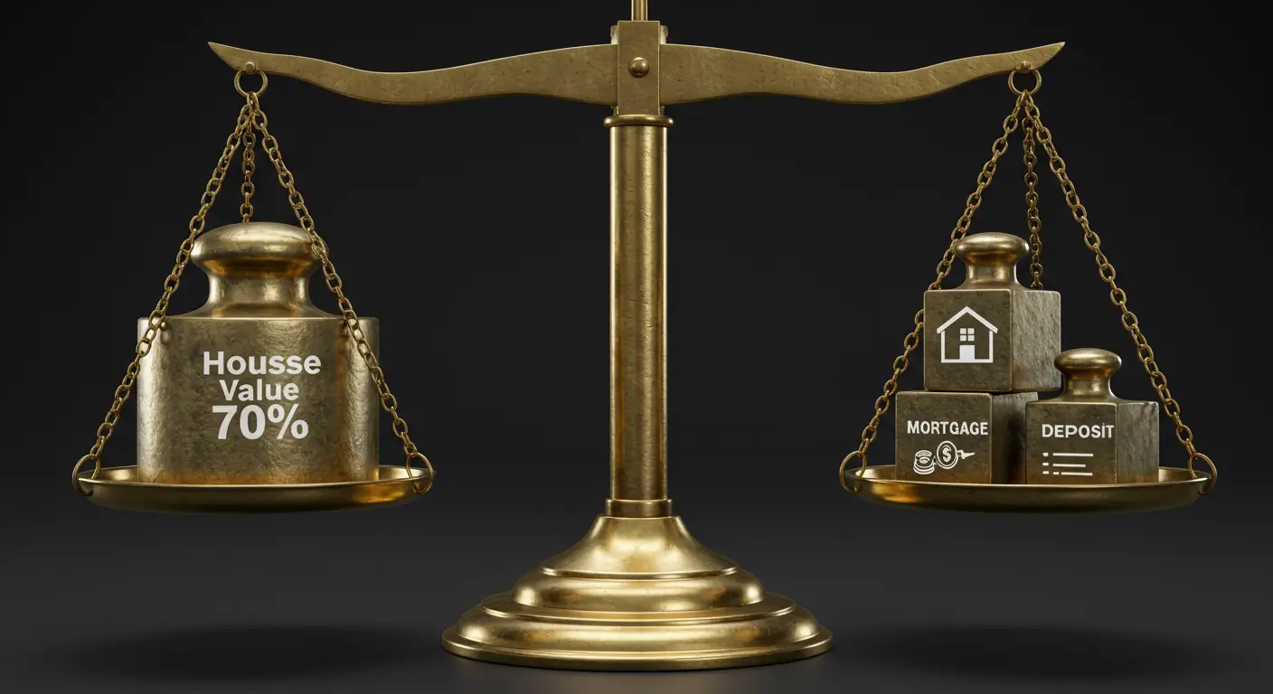 저울의 한쪽에는 집 시세의 70%를, 다른 쪽에는 근저당+내 보증금을 올려 안전성을 비교하는 이미지