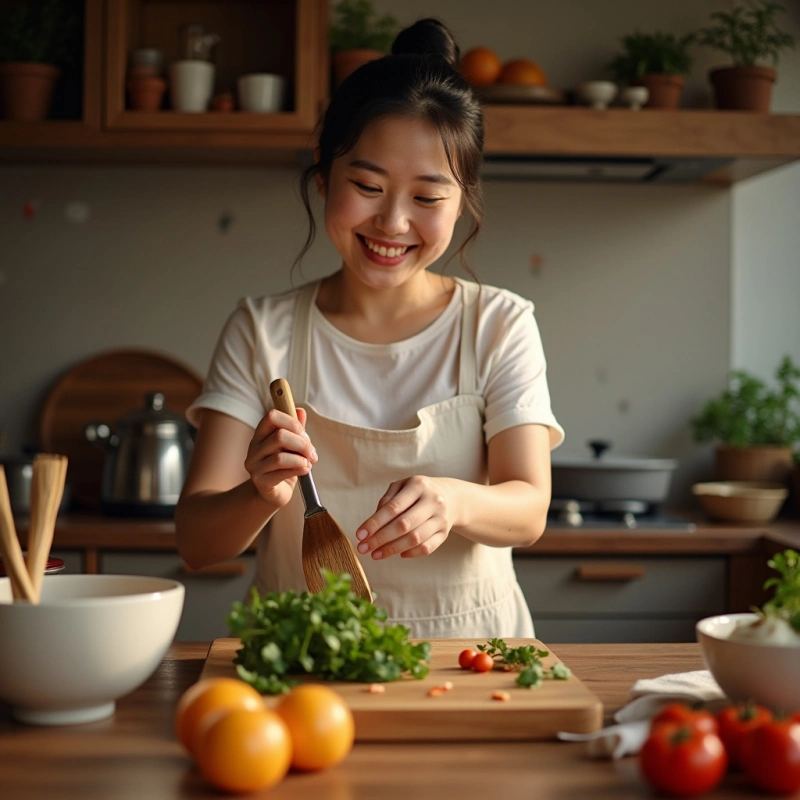 주방에서 즐거워하는 주부