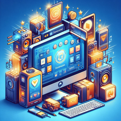 다양한 아이콘과 기술 요소가 포함된 컴퓨터 화면.