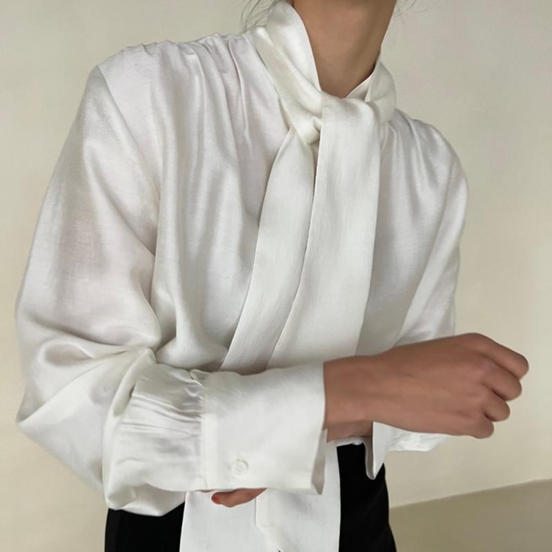 여성 스카프 리본 블라우스 타이블라우스 새틴 실크 블라우스 셔츠