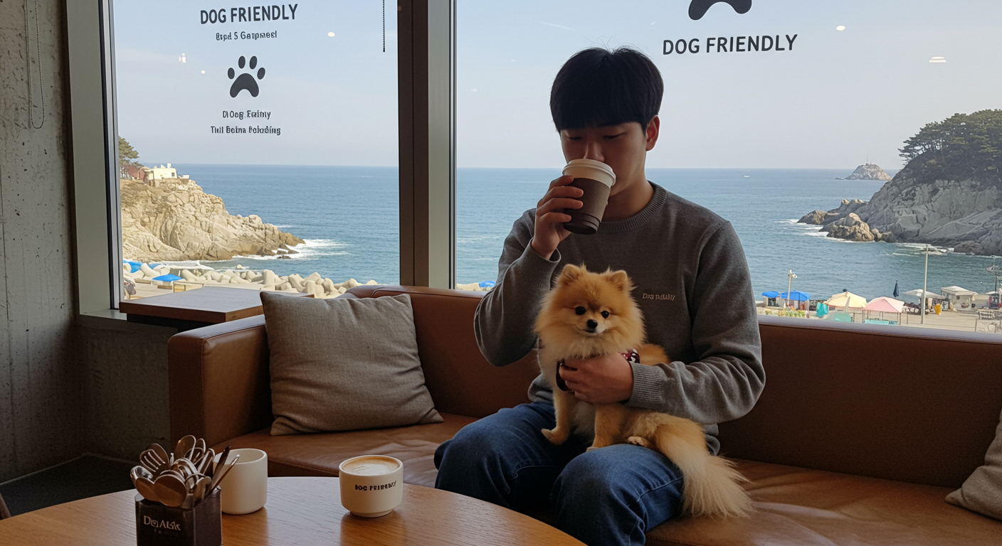 강릉 바다뷰 반려견 동반 카페에서 휴식하는 한국인과 강아지