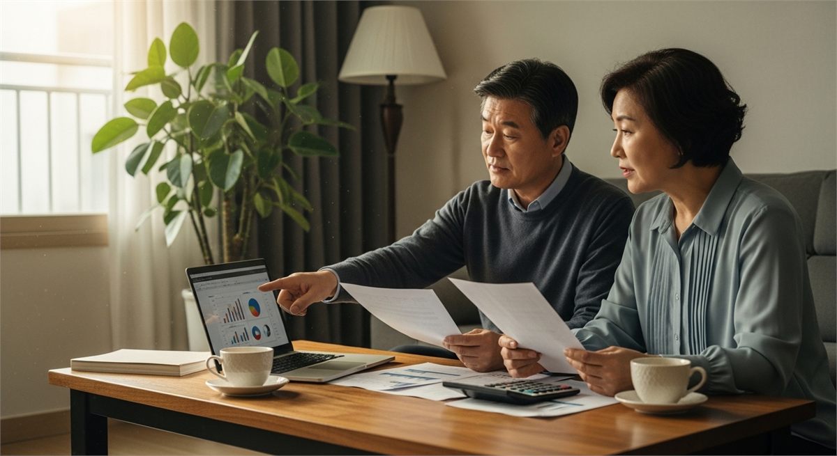 부부가 거실 테이블에서 연금과 생활비를 함께 검토하는 장면 