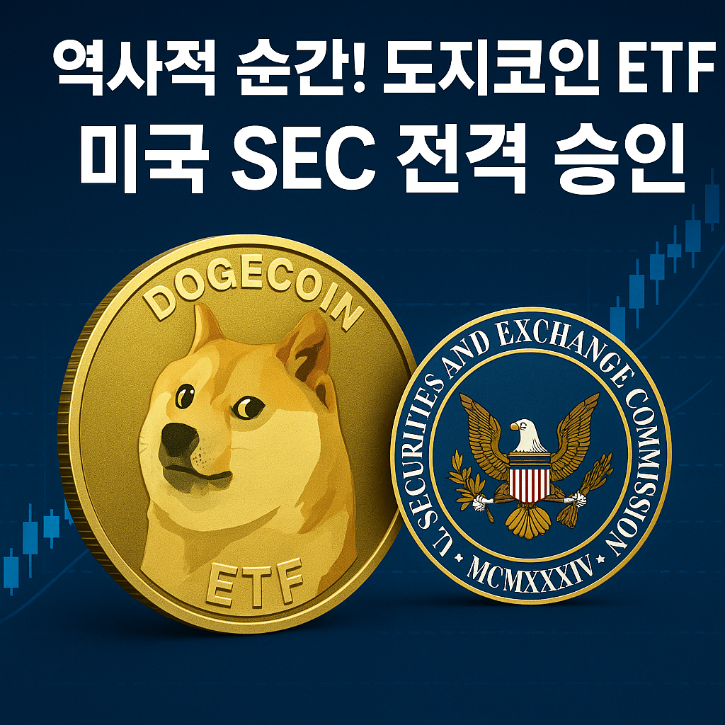 도지코인과 SEC 로고가 나란히 있는 ETF 승인 관련 썸네일 이미지