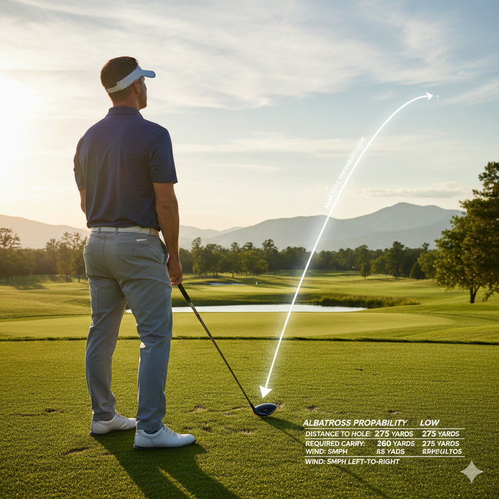 골프장에서 파5 홀 세컨드 샷을 준비하며 알바트로스 달성 가능 여부를 가늠하는 골퍼의 뒷모습